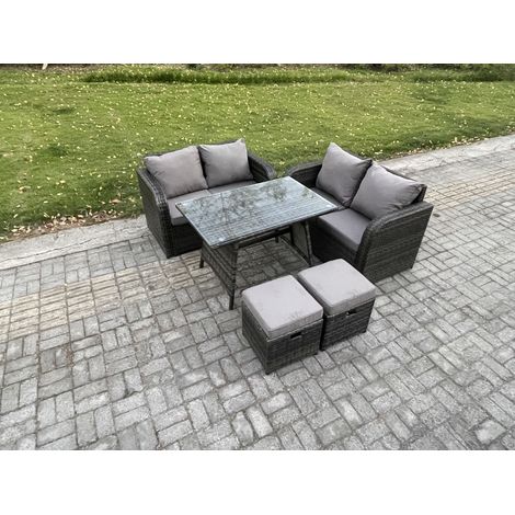 Fimous Outdoor Garden Furniture Sets 5 Pieces Wicker Rattan Furniture Sofa Sets with Rectangular Dining Table Love Sofa 2 Small Footstool (1/4)