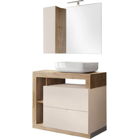 ARTURO - Meuble Vasque 92cm + Miroir beige et aspect bois finition Cadiz (1/5)