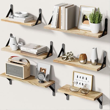 Lot de 6 étagères murales flottantes en Bois de Paulownia, Marron Étagères flottantes en bois avec supports métalliques, 2 types montage, lot flexible 6 pièces pour chambre et salle de bain (1/5)