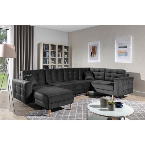 Canapé panoramique convertible - ASMA VELOURS - en tissu de qualité 5 places, gris anthracite, méridienne à gauche et angle à droite (vu de face) (1/5)