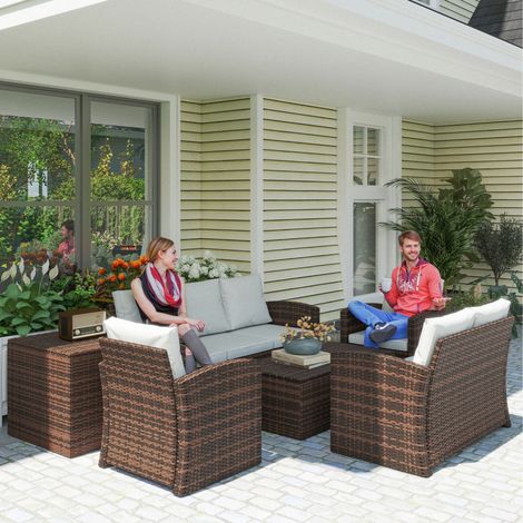 Conjunto de Jardín Exterior de Ratán 6 Piezas Cojines Sofá Doble Sofá 3 Plazas 2 Sillones 2 Mesas Auxiliares Beige (1/5)