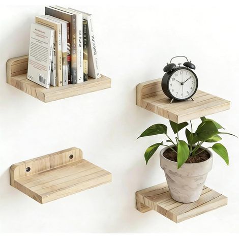 Étagère Murale Bois 4 Pièces, Étagère Flottante Murale Mini, Étagère Murale Chambre pour Chambre Salon Cuisine, Rangement Décoratif. (1/5)