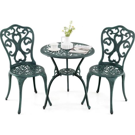 COSTWAY Set da Bistro da Patio a 3 Pezzi, Sedie e Tavolo in Alluminio con Foro per Ombrello, Set da Bistro da Esterno per Veranda, Giardino e Piscina (Verde) (1/5)