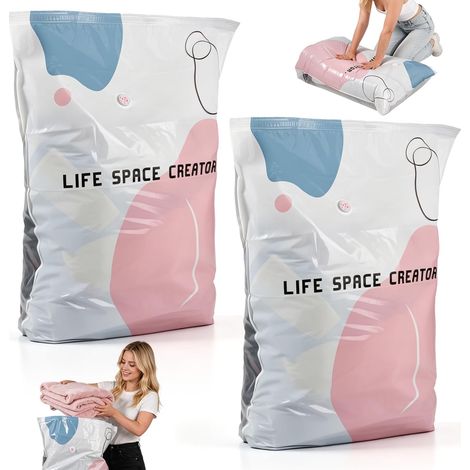 Lot de 2 Sacs Sous Vide sans Pompe, Sacs de Compression Sous Vide Réutilisables – Sacs de Rangement Sous Vide pour Vêtements, Couettes, Oreillers, incl. 2 Fermoirs, Gain de Place (1/5)