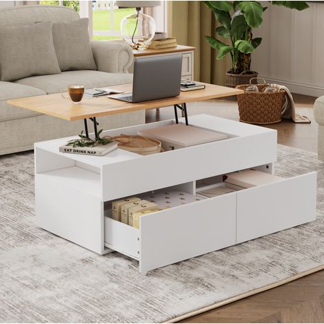 Couchtisch aus Spanplatte Weiß 100 x 50 cm, höhenverstellbare Tischplatte mit 2 Schubladen und Stauraum (1/5)