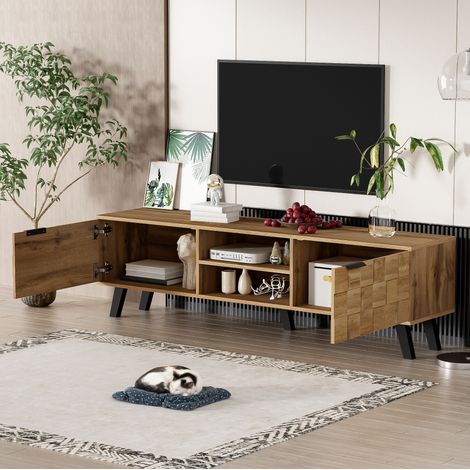 Meuble TV en panneaux de particules décor bois 160,5 x 35,5 x 45 cm, 2 portes, 2 niches ouvertes (1/5)