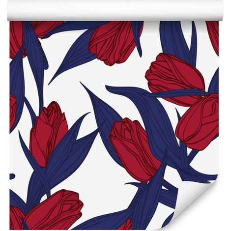 Tapete mit gemalten roten Tulpen für Wohn- und Schlafzimmer, 50 x 1000 cm (1/5)