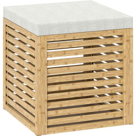 Pouf coffre à lattes LORDY bambou et gris (1/5)