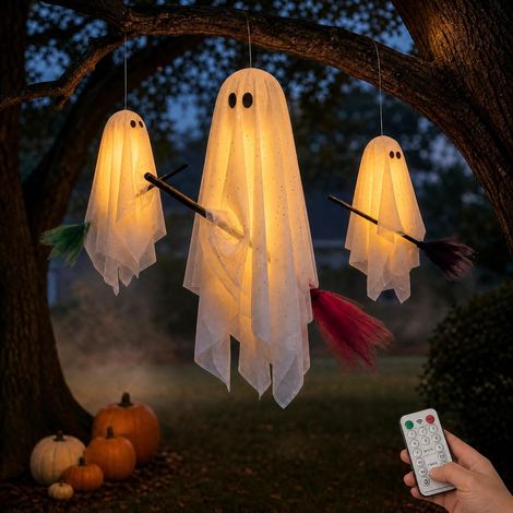 Décorations d'Halloween pour l'extérieur, 3 balais fantômes lumineux suspendus (1/5)
