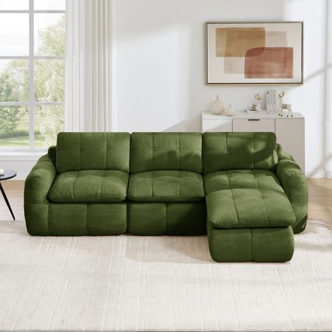 Canapé d'angle modulable en L 3 places avec 1 pouf, sans cadre ni montage, mousse 32D haute densité, revêtement en chenille pour salon, vert (1/5)