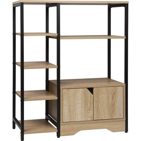 WOLTU Standregal Bücherregal Bücherschrank Küchenregal Büroregal Schuhregal Eisenrahmen Regal mit offenem Stauraum und Schrank für Büro, Wohnzimmer, MDF Metall 80x35x97cm Hell Eiche (1/5)