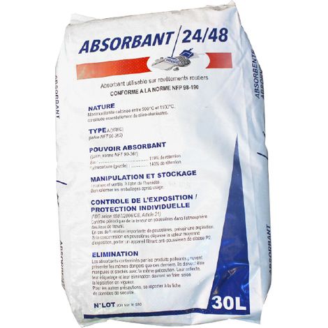 Topcar – Absorbant eau et hydrocarbure 30L – SKU 3426 – Rétention 119% eau, 140% hydrocarbures – Conforme norme NFP 98-190