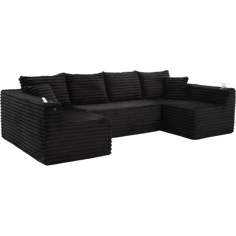 Canapé d'angle en velours côtelé en forme de U avec porte-gobelets et poche latérale, rembourrage à ressorts, 4 coussins dossiers et 2 coussins décoratifs (1/5)
