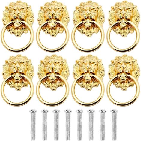 BEBUSINGOTO Manijas de gabinete con cabeza de león, 8 piezas de bronce antiguo, anillos de cajón con cabeza de león, con tornillos, para puertas de gabinete, tiradores de cajón, herrajes para gabinete (1/5)