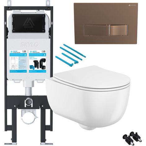 Gloss White Rimless Wall Hung Toilet with 1.14m Concealed Cistern Frame Set - Brushed Copper Plate