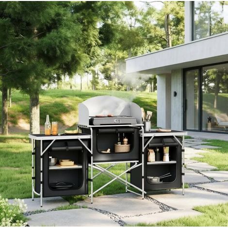 Cocina camping plegable (175x40x110 cm), con 5 compartimentos, 3 superficies de trabajo, aluminio, negro (1/5)