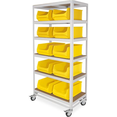BRB Etagenwagen mit 6 Ebenen, BxTxH 900x500x1905 mm, 4 Lenkrollen, 2 mit Feststellbremse, lichtgrau, bestückt mit 10 bunten Sichtboxen LB2, BxTxH 300x500x200 mm (Gelb)