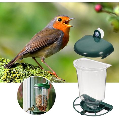 Transparenter automatischer Vogelfutterspender aus Kunststoff mit Saugnäpfen (1/3)