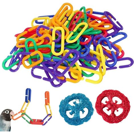 100 Anneaux en C Colorés et 2 Luffas, Jouets Éducatifs et de Mâche pour Perroquets
