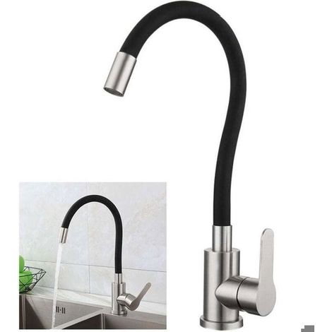 BelleRise - Robinet de Cuisine Flexible Bec Haut Orientable, Mitigeur Évier Monotrou Eau Chaude et Froide, Acier Inox Brossé Noir (1/4)