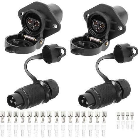2 pièces Fiche Remorque 3broches 12v 24v et 2 pièces Prise Remorque 3broches,Fiche Attelage 3 pin Mâle pour Agricole Véhicule,Voiture Porte-vélo,Prise 3 Broches Remorque Male/Femelle (1/5)