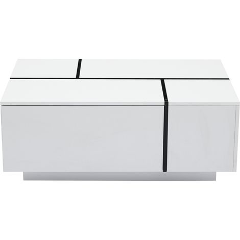 Tavolino da salotto moderno bianco e nero con 4 cassetti, effetto lucido, 100 x 60 x 40 cm (1/5)