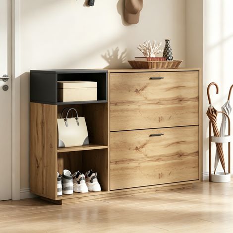Tkopy - Meuble à chaussures 120 x 32 x 84,5 cm, meuble à deux portes, meuble d'entrée, meuble d'appoint, doté de 3 étagères ouvertes et de 2 compartiments à couvercle rabattable, bois naturel + noir (1/5)