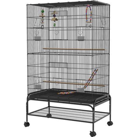 Cage à oiseaux avec perchoirs et jouets, plateau amovible, noir (1/5)
