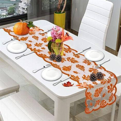 Tovagliette da tavola autunnali in tessuto, 33x183 cm, con motivi di foglie d'acero arancioni e zucche per decorazioni stagionali. (1/4)
