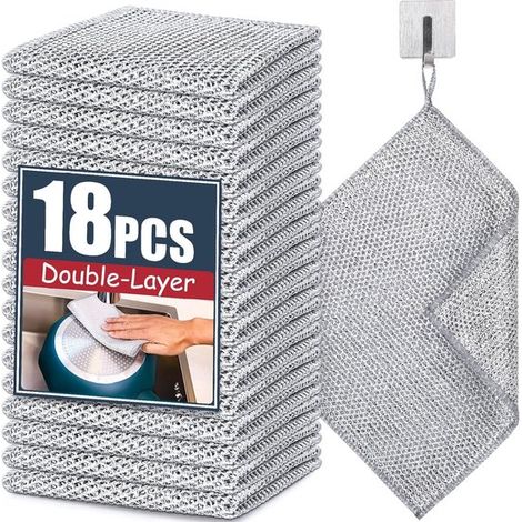Lot de 18 torchons en fil d’acier – Double épaisseur – Réutilisables – Anti-rayures – Vaisselle humide et sèche – Multifonctions (1/5)