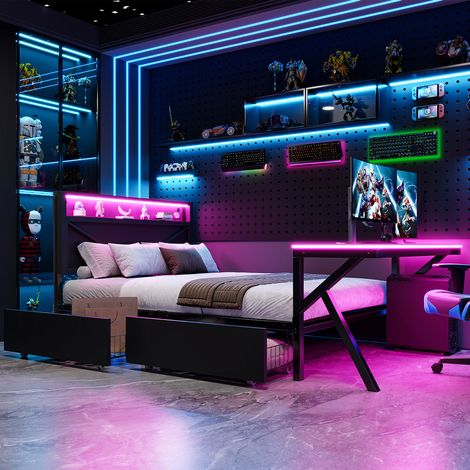Cama plataforma gaming metálica de 140x200 cm con cabecero LED, escritorio LED y dos cajones, color negro. (1/5)