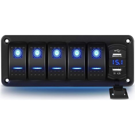 Pannello Interruttori a Levetta 5 Posizioni in Alluminio con Voltmetro e Doppia Porta USB (4.2A), Ricarica Rapida, Retroilluminazione LED, Pre-cablato, Impermeabile IP65, per Barche, Auto e Camion (Bl (1/4)