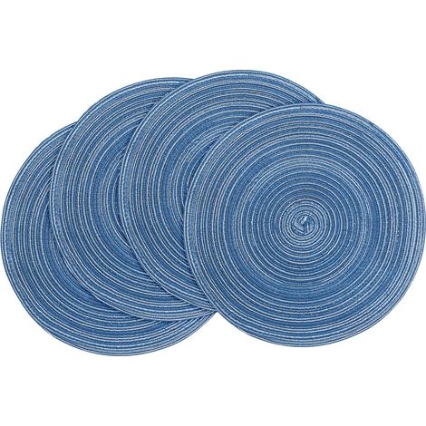 Lot de 4 sets de table ronds 38 × 38 cm bleu toile en coton et polyester tressés lavables et résistants à la chaleur (1/5)