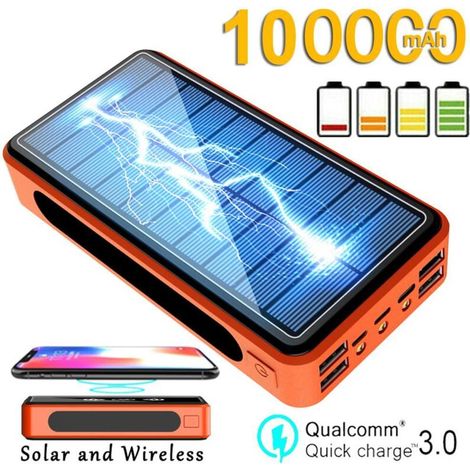 Power Bank Solaire 100000mAh Portable, Chargeur Sans Fil Étanche avec LED Haute Capacité pour Extérieur (1/3)