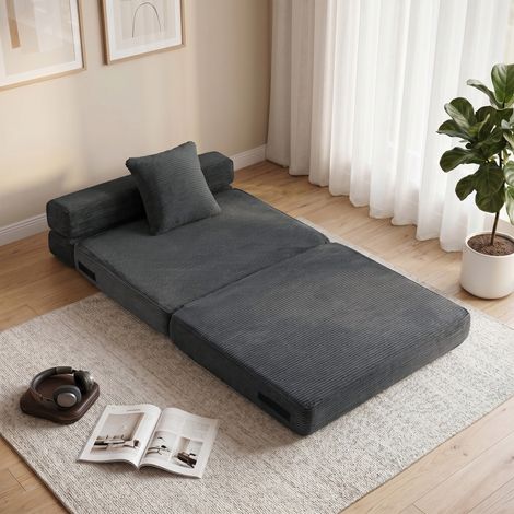 Fauteuil de sol 2-en-1 sans os, convertible en lit, avec housse en velours côtelé et coussin lombaire, gris anthracite, pliable (1/5)