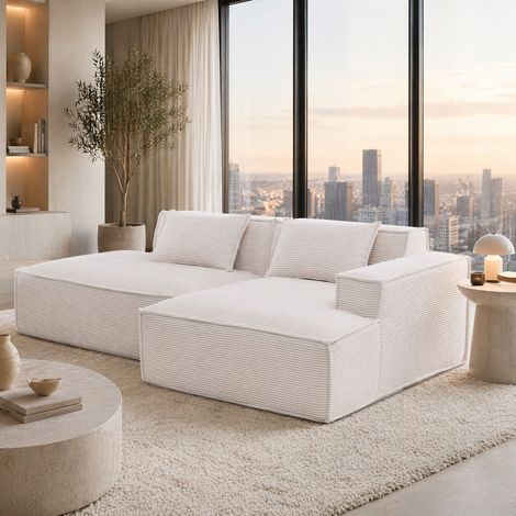 Divano angolare 233x129x70 cm beige, con cuscini e seduta a molle, tessuto poliestere MEUBLIV (1/5)