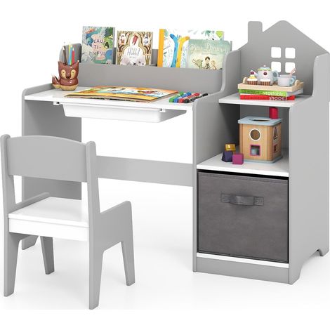 COSTWAY Bureau Enfant Garçon Fille avec Chaise & 2 Compartiments, Table Enfant avec Tiroir & Bac de Rangement en Tissu, Étagères Ouvertes, Table à Dessin pour 3 Ans+, Charge 20/50kg (Gris)