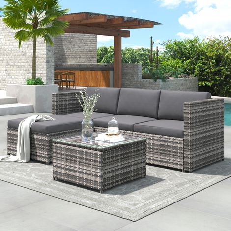 Salotto da Giardino 4 Posti in Metallo, Rattan PE e Tessuto Impermeabile con Tavolo, Divano, Sgabello e Cuscini Spessi, Grigio