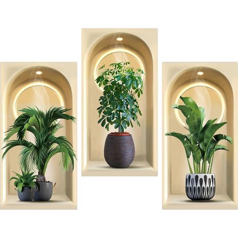 CCYKXA 3-teiliges 3D-Wandtattoo-Set, 30 x 60 cm, Wandaufkleber mit simulierten Topfpflanzen, dekorative Wandaufkleber, DIY-Vasen-Wandaufkleber für Wohnzimmer, Küche, Schlafzimmer (1/5)