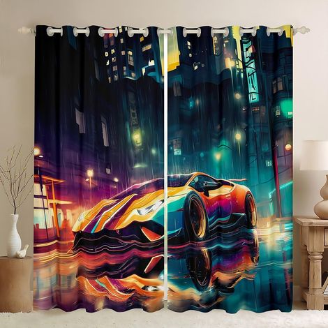 Rideau Occultant 117x137 cm Voiture de Sport de Course, Rideau Voiture de Vitesse Froide, Rideaux Voilage Jeux de Sport Extrême, Voilage Fenetre Scène de Nuit de La Ville pour Chambre Salon - 117L X 1 (1/5)