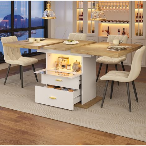 Tavolo allungabile in MDF 110-140 x 80 x 75 cm bianco, LED e spazio contenitore (1/4)