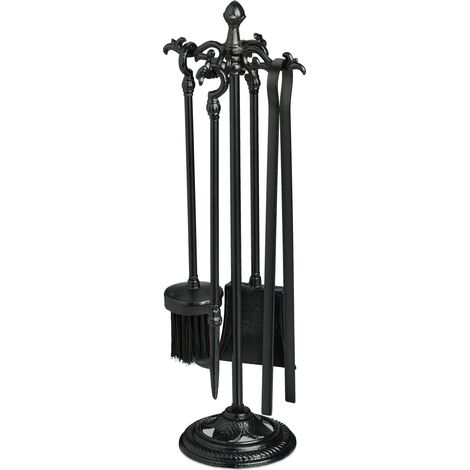 Relaxdays Fireplace Tool Set, 5-pieces, Poker, Ash Shovel, Stove Broom, Tongs & Stand, Fire Place Accessories, Black (1/5)