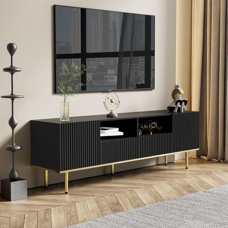Meuble TV avec 2 compartiments et 2 tiroirs, 165 x 36 x 55 cm, noir et or HAVRYA (1/5)