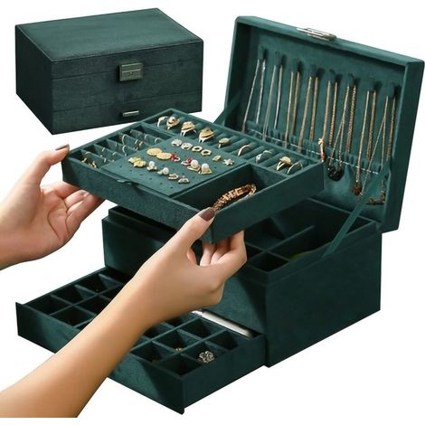 Dreistöckiger Reisekoffer aus Flanell mit Schloss und Organizer-Box für Schmuck, Halsketten und Ringe