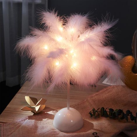 Lampe De Table Plume - Alimentée Par Piles AA - LED - Pour Chambre À Coucher Salon Mariage Décoration De Fêtes - Blanc Rose - 25 X 9,5 X 9,5 Cm (1/5)