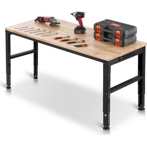 VEVOR Etabli reglable , bureau deatelier 61"x20", hauteur 27,1"-36", capacite de 2000 lb, comprend des prises de courant, surface en bois dur, cadre en metal et repose-pieds, ideal pour le garage, le 