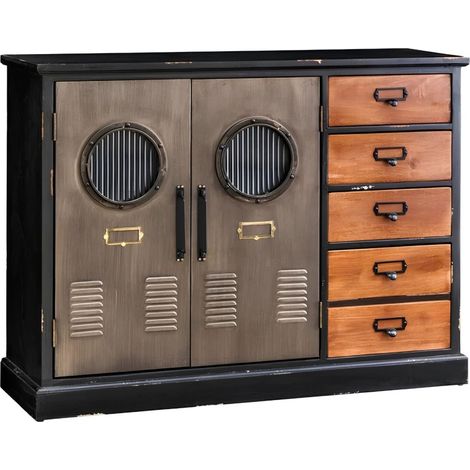 Buffet LOCKER 105 cm – Legno di pino, MDF, vetro e metallo – 2 porte e 5 cassetti (1/5)