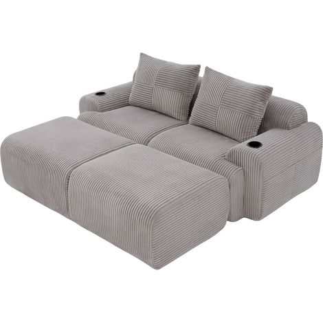 Modulares 2-Sitzer Cordsofa mit 2 Hockern, Getränkehalter und Seitentasche, Hellgrau, MODENUIT (1/5)