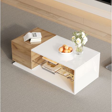 Table basse LED en panneaux de particules blanc et chêne 105 cm, plateau brillant avec verre trempé et rangement (1/5)