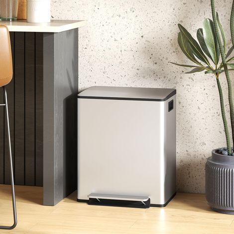 Poubelle de cuisine 2 compartiments de 2 x 25L, acier inoxydable, couvercle à fermeture douce, 47,7x37,5x56cm, argent (1/5)